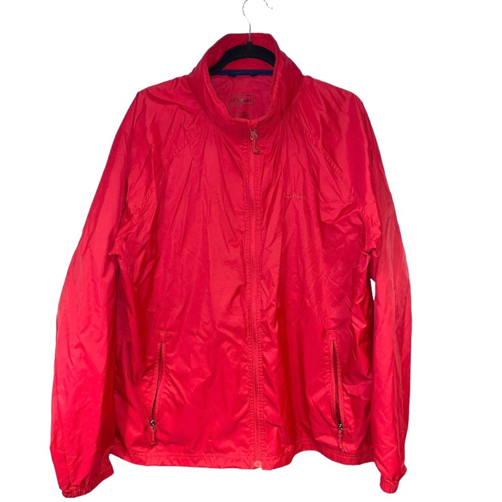 L.L.Bean Red Full Zip Windbreaker Jacket with Fold Away Hood‎ L
